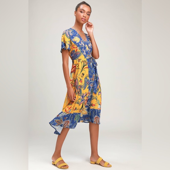 Lulus Atlantis Blue & Yellow Print Wrap Midi Dress - Picture 9 of 9